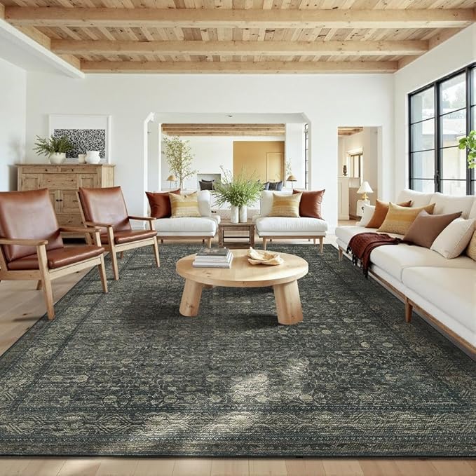 10x14 Washable Area Rug for Living Room, Extra Large,Green Vintage Floral Boho Rugs for Dining Room, Farmhouse, Durable Low Pile Non Slip Carpet for High Traffic Areas, Moss Brown
