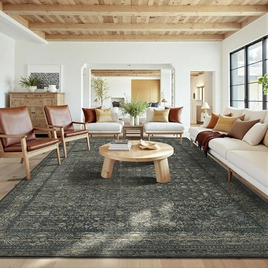 10x14 Washable Area Rug for Living Room, Extra Large,Green Vintage Floral Boho Rugs for Dining Room, Farmhouse, Durable Low Pile Non Slip Carpet for High Traffic Areas, Moss Brown