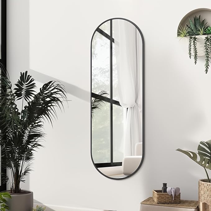 Niccy 48"×16" Oval Full Length Mirror, Long Oval Mirror with Unique Metal Frame Large Explosion-Proof Hanging Mirror for Living Room, Decorative Vanity Mirror for Bathroom, Bedroom, Black