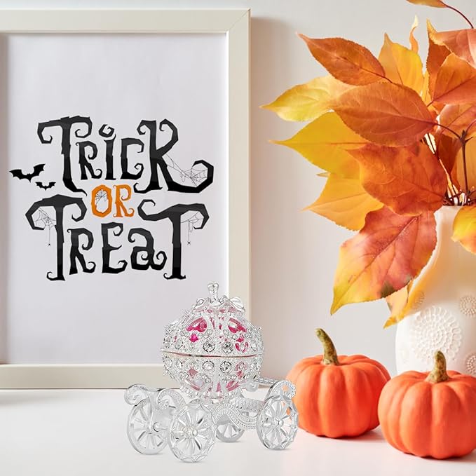 Ipetboom Rhinestone Trinket Box - 1pc Silver Pumpkin Carriage Princess Crystal Jewelry Box Alloy Pumpkin Cart Ornaments Display Holder Organizer for Accessories Cosmetics - 3.14x2.95x1.97in