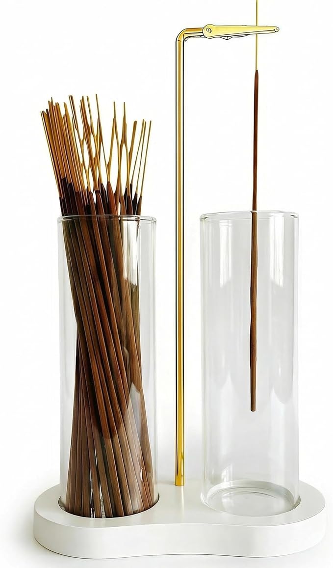 Glass Incense Holder, Incense Sticks Burner Holder with Storage,Hang Upside Down Incense Holder for Sticks with Glass Ash Catcher for Meditation Yoga Spa Room Decor (White)