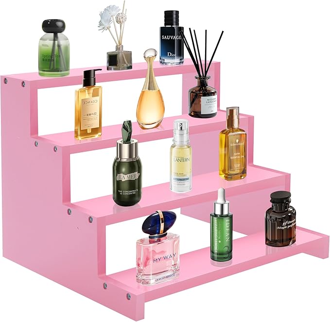 Wooden Perfume Stand for Women 4 Tier Pink Perfume Organizer Stand Perfume Display Shelf & Holder for Women’s Dresser & Vanity Desktop Rack for Fragrance Figures Dessert Cupcakes Decoration