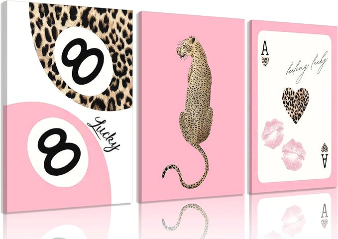 3Pcs Pink Trendy Leopard Print Canvas Wall Art, Fashion Cheetah Posters,Luxury Playing Card Pictures,Y2k Preppy Aesthetics Wall Decor for Girls' Room Bedroom Dorm Apartment. 16x12in Framed