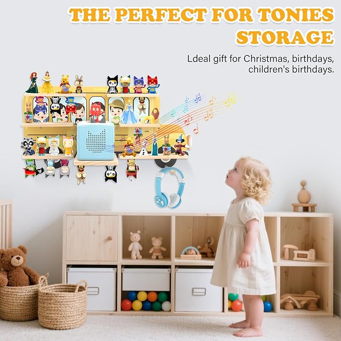 School Car for Tonies Box 1/2 Tonies Figures Organizer Storage Shelf Wall Mounted, Magnetic Display Collection 30~40 Characters Floating Shelves Storage Player, Earphones