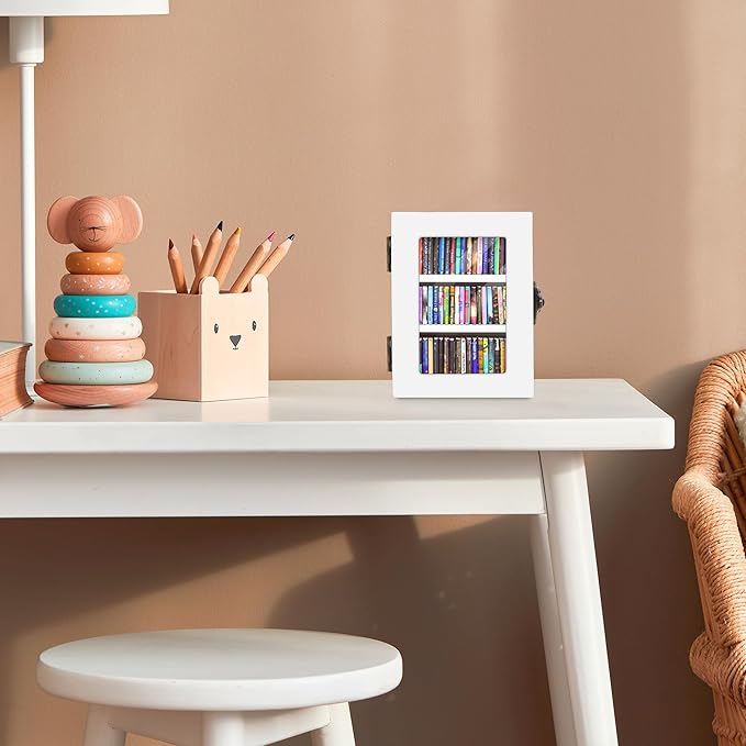 Anxiety Mini Bookshelf Mini Books with 60PCS Wooden Miniature Book Library for Stress Relief, Home and Office Decor, Unique Gift for Book Lovers - White
