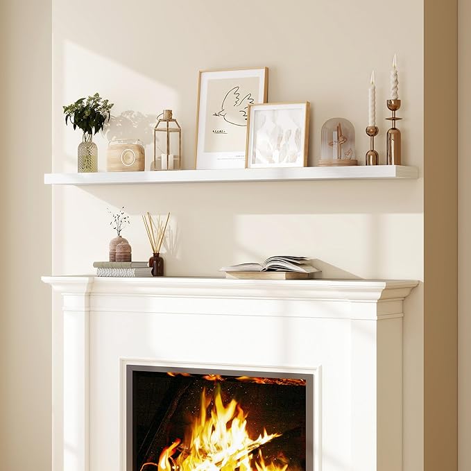 Fun Memories 66 Inch Fireplace Mantel Shelf with Invisible Bracket, 8 Inch Deep Floating Shelf for Living Room, Kitchen, Farmhouse, White