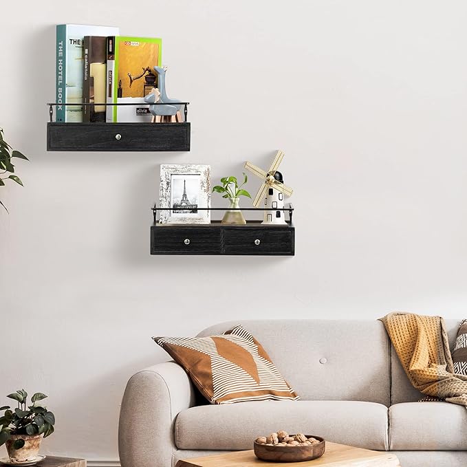 DreamPossible Floating Shelves - Wall Mounted Bathroom Shelf Set of 2 with Drawers, Rustic Wood Shelves for Bedroom, Living Room, Kitchen, Home Decor, Plants, Books (Black)