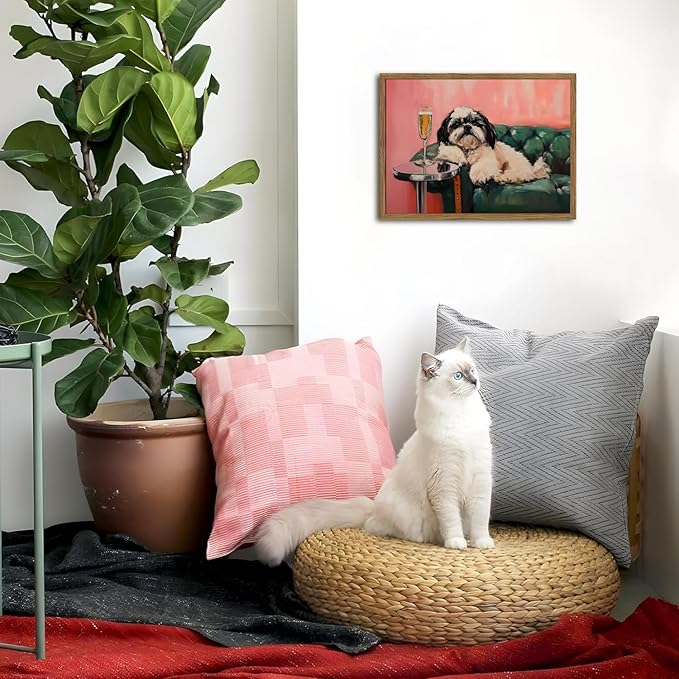 Funny Dog Wall Art, Cute Animal On Couch Bar Cart Pictures Wall Decor Paintings, Eclectic Dog with Cocktail Canvas Prints, for Living Room Dining Room Bedroom 12x16 inch Wood Framed