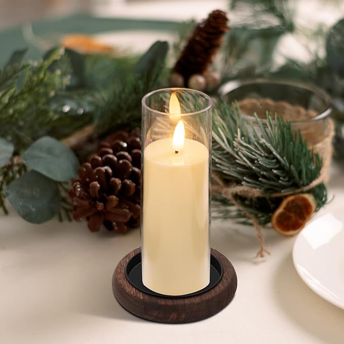 Hatway Wood Candle Holder Farmhouse Decor Wooden Pillar Candles Tray for Table Centerpiece Small Decorative Tray Riser Round Wooden Plate Pedestal Stand for Coffee Table for Christmas Decor Mu-4