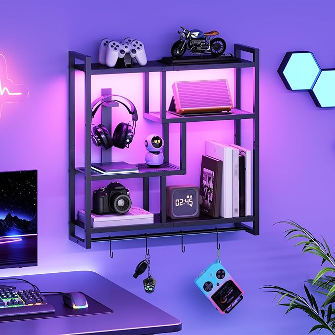 HOOBRO Gaming Floating Shelves with LED Lights, 28.7" LED Wall Mounted Shelf, 4-Tier Floating Wall Shelf for Storage, Display Rack with Hanging Bar and 4 S Hooks, for Gaming Room, Black BB37DBJ01