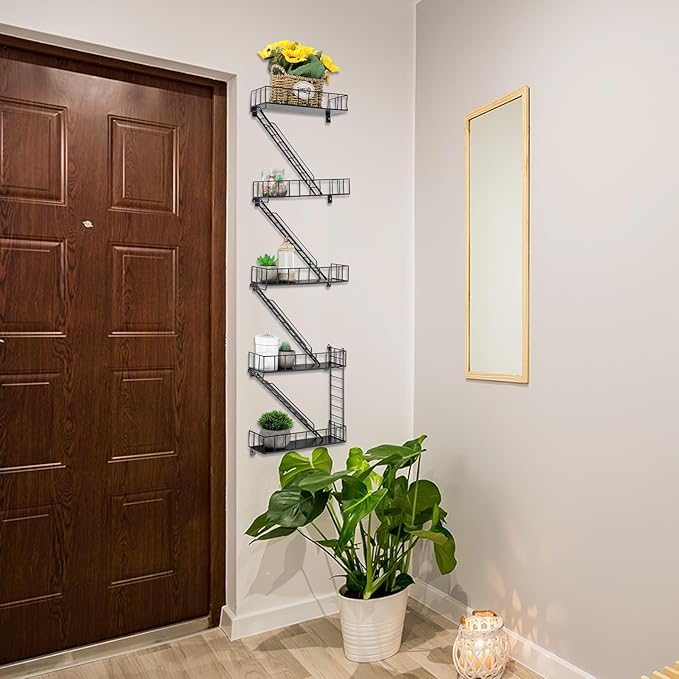 Zonon Fire Escape Wall Shelf Hanging Metal Ladder Shelves Wall Decor Cool Bookshelf Organizer Floating Shelves Action Figure Shelf for Home Bedroom Storage Display(Black,5 Tier)