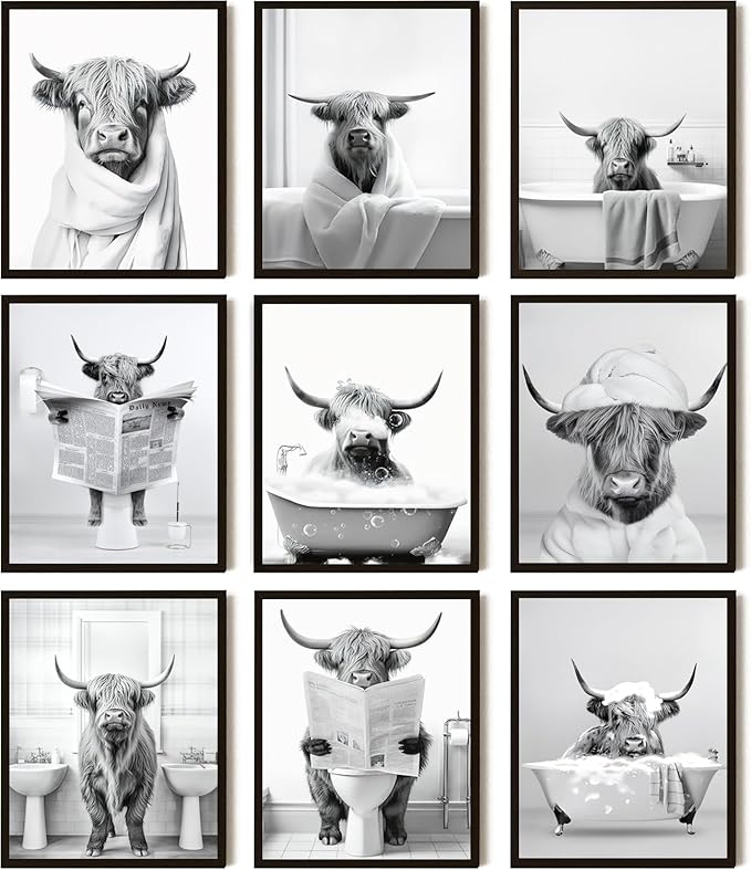 SEHSUVC Funny Bathroom Cow Posters Wall Art Set of 9, Vintage Black and White Highland Cow Canvas Wall Decor Painting, Humor Animals Pictures Prints for Bedroom Bathroom Childrenroom 8x10In Unframed