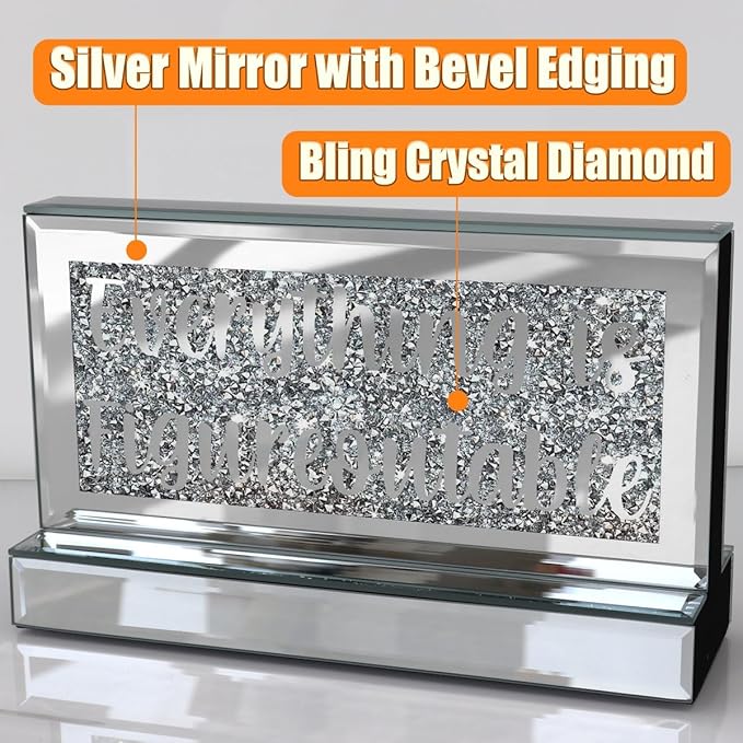 Silver Mirror Crystal Diamond Home Office Desk Art Decor, Daily Inspirational Office Supplies Sign and Reminder-Everything is Figureoutable & P.S. You Got This-9.1×5.1×3Inches