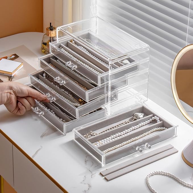 YUFONG Necklace Holder Organizer, Dustproof Necklace Box Velvet Necklace Organizer Box with Lid Clear Acrylic Dustproof Stackable Jewelry Displays for Necklaces Chain Display (Gray, 5 Drawer)