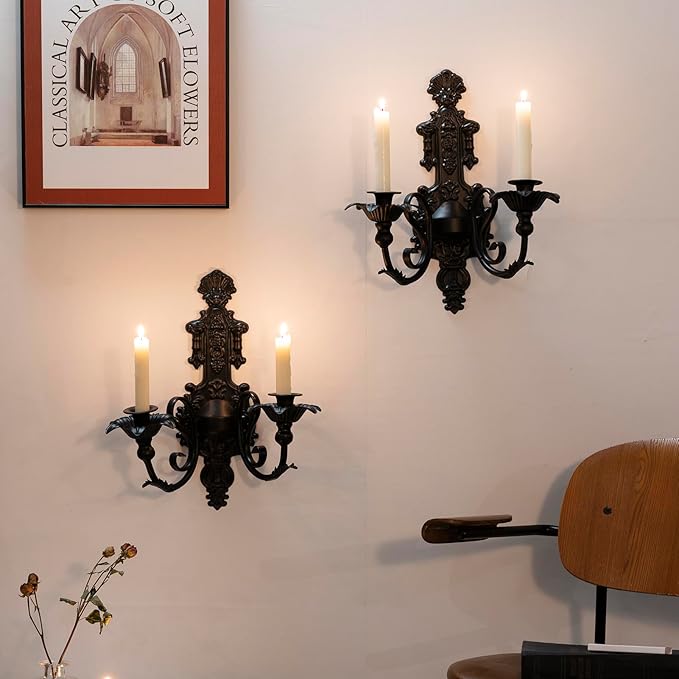Candle Sconce(Set of 2)-Metal Gothic Wall Decorations-Rustic Home Decor-Black Wall Candle Sconces,Dark Academia Decor