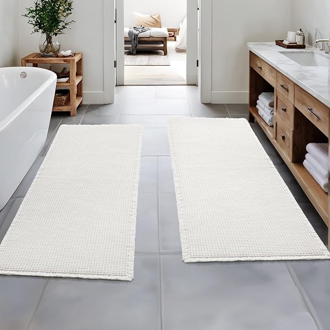 MIULEE Set of 2 Waffle Bathroom Runner Rugs, Boho Bath Rugs Non Slip Washable, Super Absorbent Runner Bath Mats, Rubber Backed Shower Mats for Hallway Bedroom Laundry Room, White, 2'x6'(24x72 Inch)