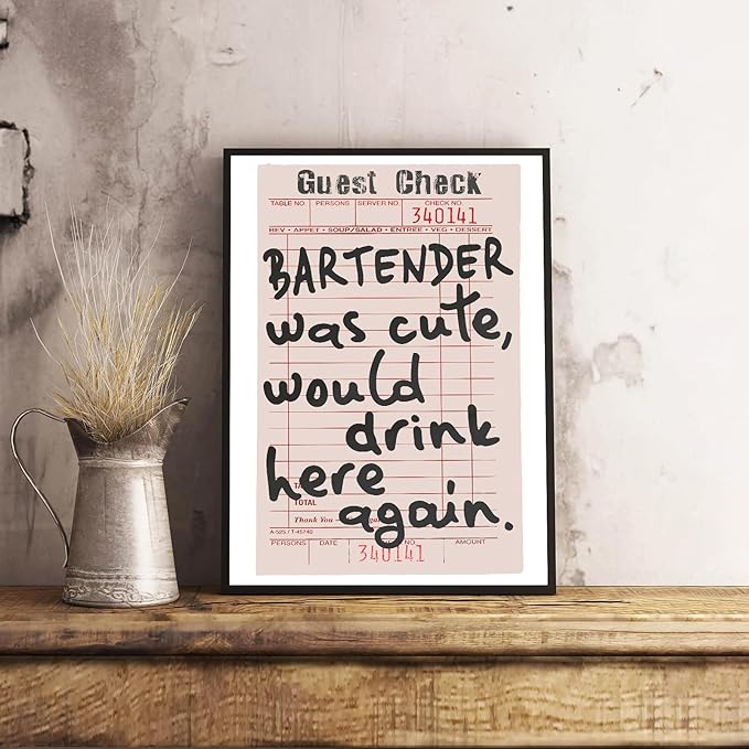 Fun Bar Canvas Wall Art, Bar Cart Accessories and Decor, Trendy Preppy Black White Retro Guest Check Wall Decor, Vintage Art Poster for Home Kitchen Wall Decoration, Unframed Artwork Prints, 16"x24"