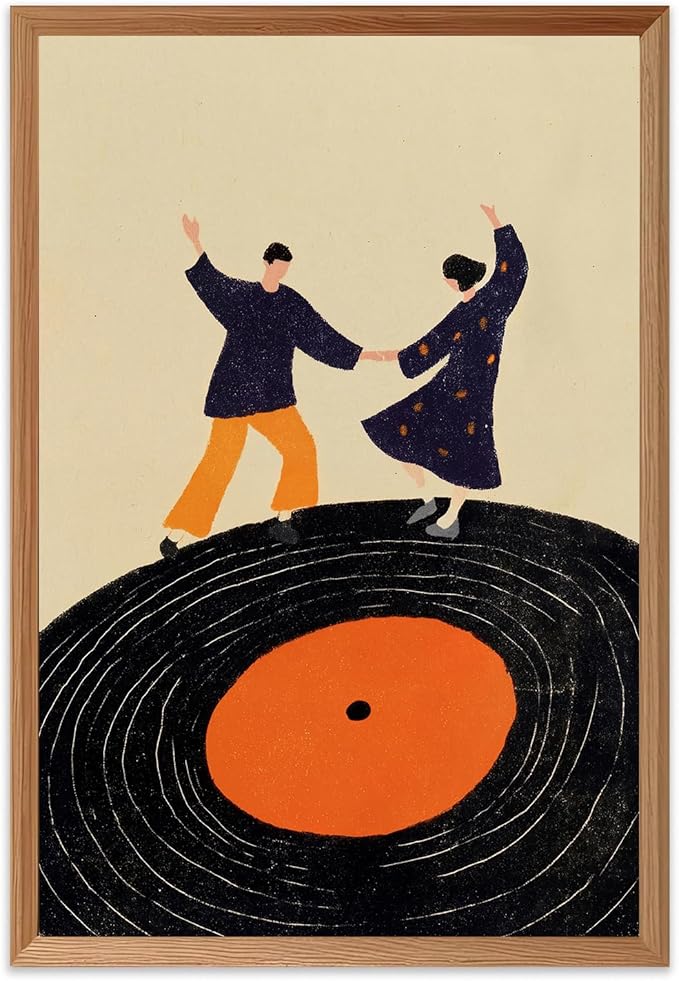 Retro Vinyl Record Canvas Wall Art Trendy Music Wall Art Music Dancing Couple Poster Funky Abstract Canvas Print Modern Pop Inspired Illustration for Home Bar Living Room Bedroom, 16x14inch Unframed