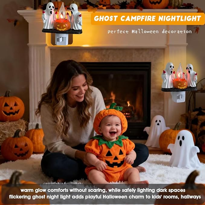 Ghost Campfire Nightlight,Halloween Campfire Flickering Night Light,3D Spooky Fire Marshmallow Night Light for Halloween Decor (Torch Ghost)