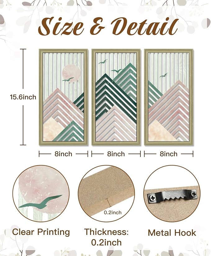 Putuo Decor Boho Mountain Wall Decor Set of 3, Rustic Farmhouse Wooden Wall Art, Nature-Inspired Geometric Artwork, Mid-Century Modern Aesthetic for Living Room Bedroom Entryway, Pink