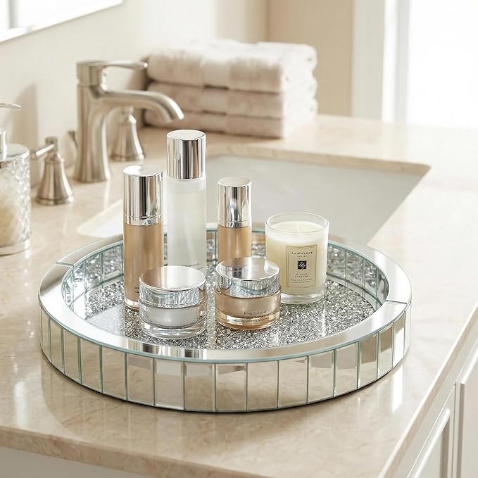 11” Rotating Makeup Perfume Organizer,Silver Glass Vanity Tray fits Dresser Bedroom,Round Perfume Display Holder,Crushed Diamond Home Decor,Gift Idea for Women
