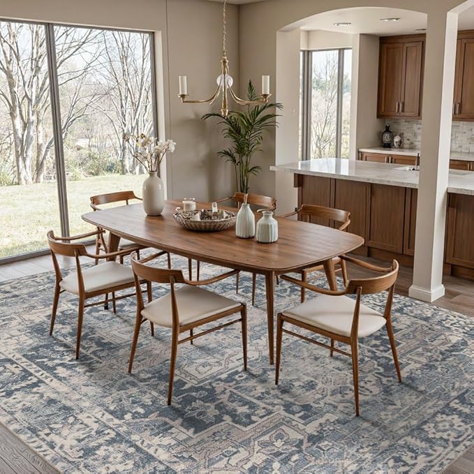 Rugxara 8x10 Area Rugs for Living Room Bedroom, Large Washable Rug, Blue Vintage Retro Boho Rug, Non Slip & Low Pile Faux Wool Thin Carpet for Indoor Dining Room and Kids Room(Blue 8x10ft)