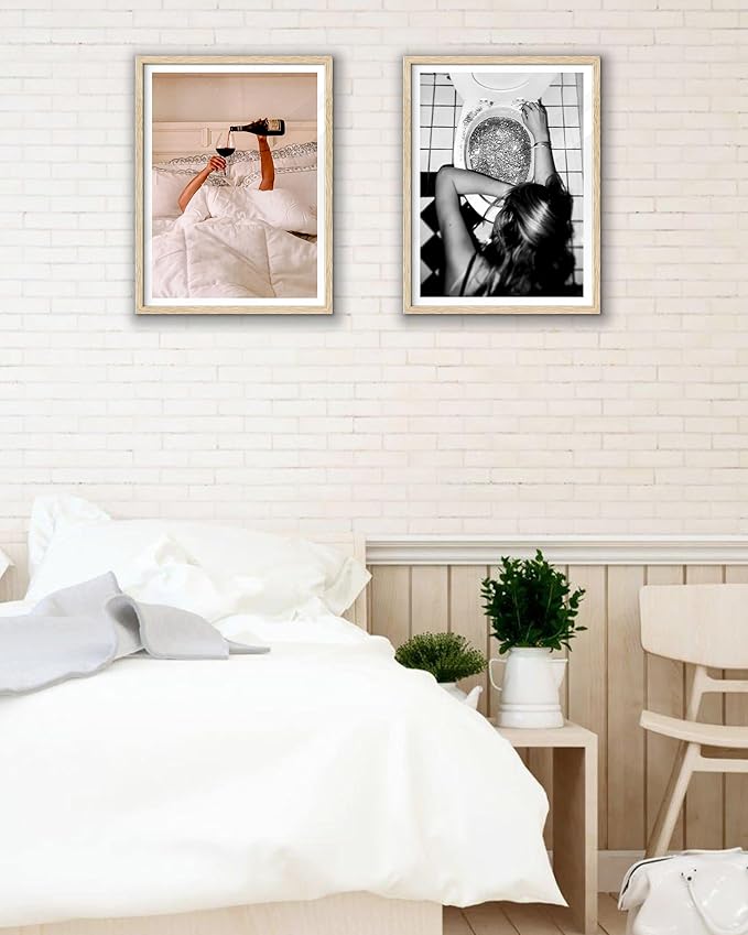 EcoHest Unframed Woman Drinking Wine in Bed Wall Art, 12x16 in OAK Wood Feminist Alcohol Canvas Art, Trendy Teen Girl Bar Cart Print College Room Decor, Beige Logs Set of 1 For Bedroom Living Room