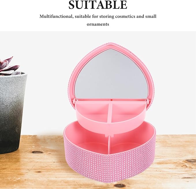 Healifty Heart Shaped Jewelry Box Double Layer with Rhinestone Pink Makeup Organizer Box with Mirror for Earrings Rings Bracelets Storage and Jewelry Case