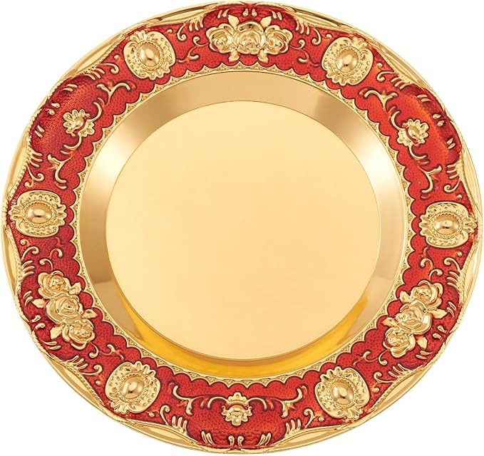 1pcs Golden Serving Tray for Party 4.8" Vintage Round Decorative Plate Tray Jewelry Makeup Organizer Dishes Bathroom Vanity Tray for Gift Wedding Coffee Table Dessert Christmas 20 cm (Red)