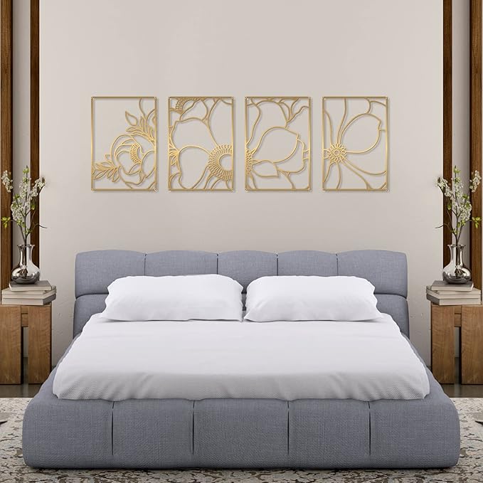 Glamativity Large 4 Pack Gold Wall Art, Minimalist Decor, Real Metal, Nature Floral Abstract, for Bedroom, Living Room, Bathroom (Gold Blossom Style, L Size 22.5 x 15.7'')