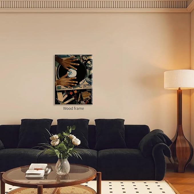 Music Record Canvas Posters Black Woman Abstract Wall Art Vintage Trendy African Girl Prints 08x10 inch Framed for Living Room Bedroom Dorm Wall Decor