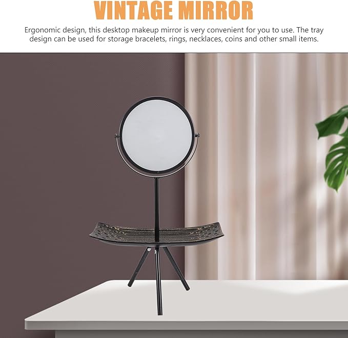 SAFIGLE Rotating European Style Makeup Mirror with Large Black Rectangular Jewelry Organizer Tray for Vanity Tabletop Use in Bedroom