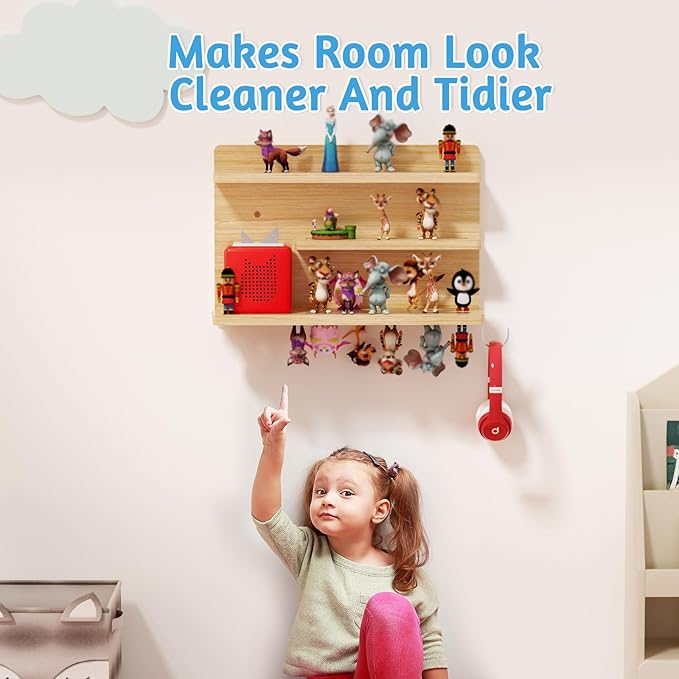 for Tonies Shelf Magnetic - Tonies Figure Organizer for Kids Room, Wooden Magnetic Display Shelf for Tonies Box Holder, Wall Floating Shelves Toy Storage Compatible Charging Station (3 Tier, Wood)