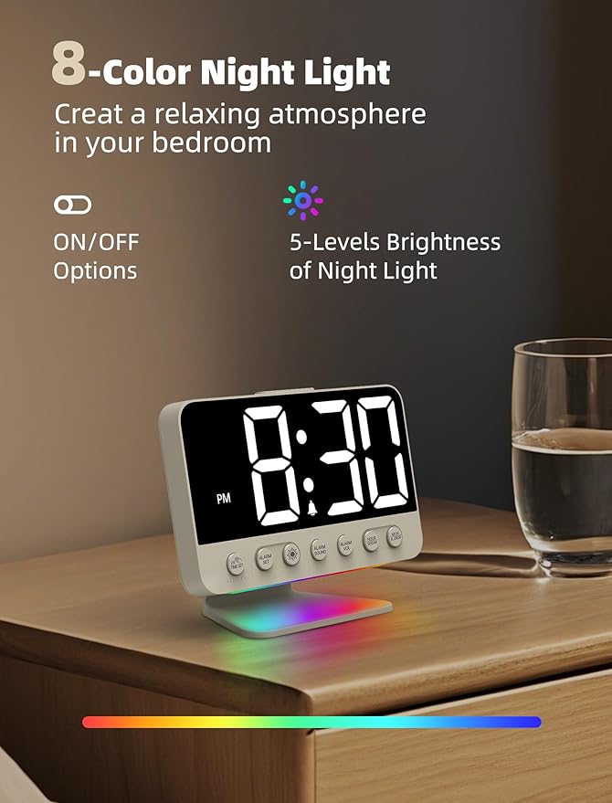 Odokee Digital Alarm Clocks for Bedrooms: Large Bold Number 5 Brightness Dimmer - Easy to Read Across The Room - 5 Alarm Sound 8 Night Light - Putty