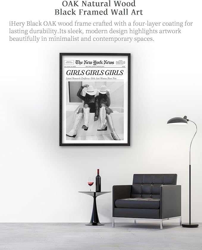 iHery Premium Natural Black OAK Wood 16x20in Girls Just Wanna Have Fun Trendy Framed Wall Art, Black and White Vintage Bar Car Canvas Wall Decor For Dorm Bedroom Living Room 1Pack