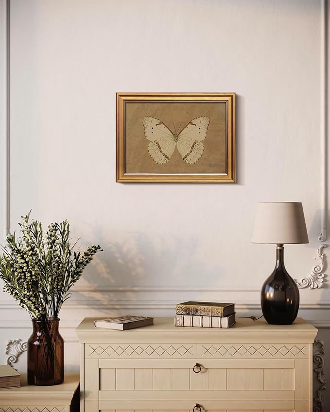 Bzstyleart Vintage Wall Art Decor for Living Room, Gold Framed Canvas Butterfly Wall Art, Vintage Butterfly Picture Prints, Gold Framed Artwork, 12 x 16 Inch