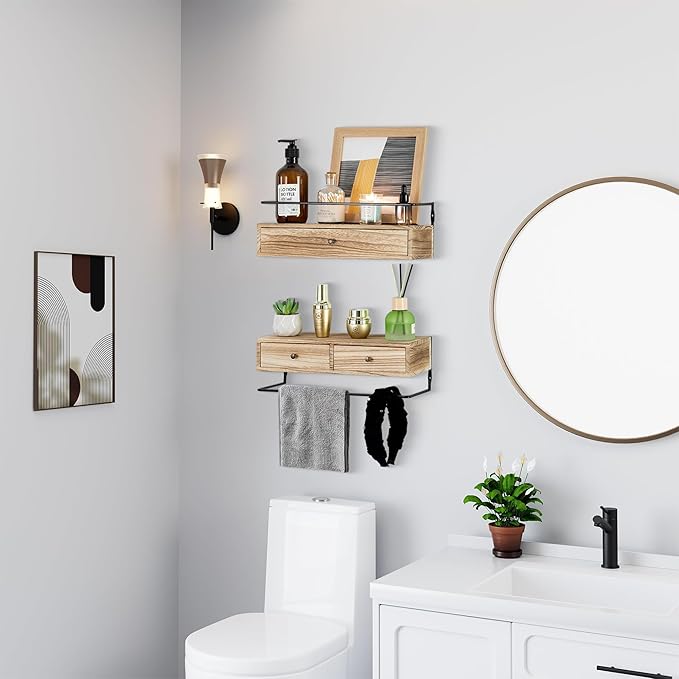 DreamPossible Floating Shelves - Wall Mounted Bathroom Shelf Set of 2 with Drawers, Rustic Wood Shelves for Bedroom, Living Room, Kitchen, Wall Decor, Plants, Books (Brown)