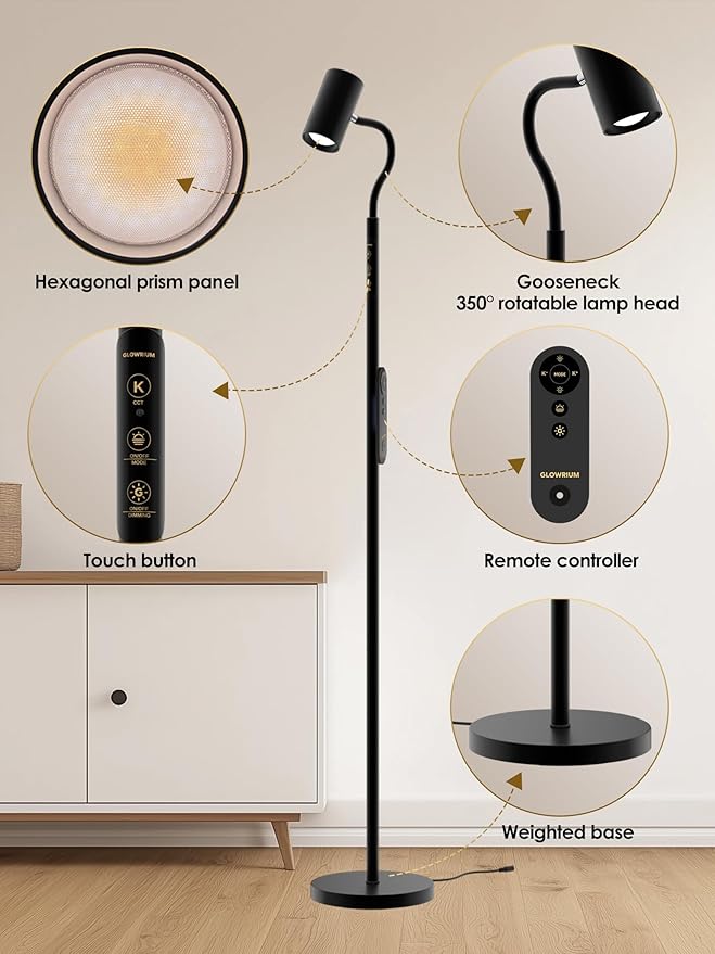 Reading Floor Lamp with Remote, 17W LED Dimmable Standing Lamp, Stepless Brightness & Color Temps, Reading Light & Mood Light, Adjustable Height Gooseneck, Corner Lamp Task lamp for Living Room Office