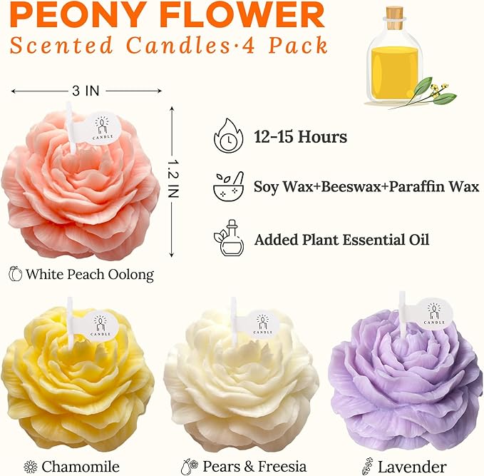 4 Pack Peony Flower Shape Candles for Women - Aromatic Pastel Aesthetic Candle with Fragrance - Christmas Gift for Friends Colleagues and Classmates (3 inch)