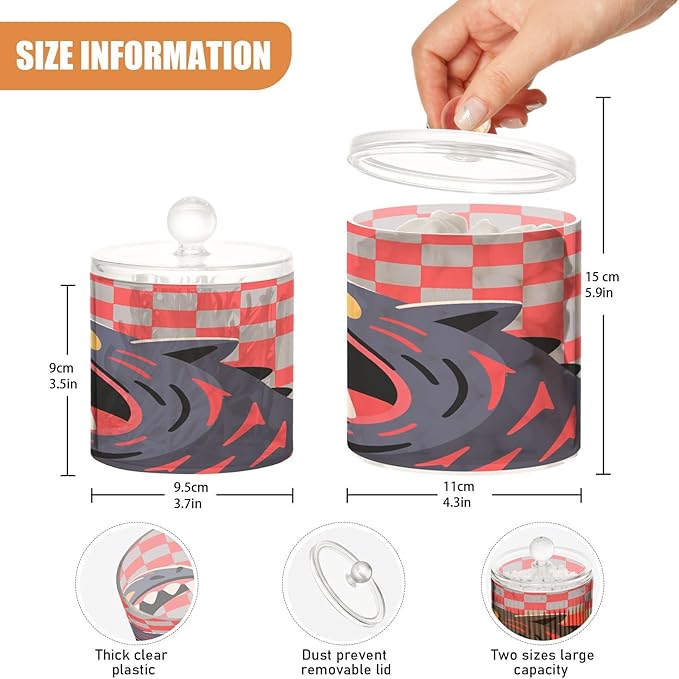 Red and Gray Checkered monsters Clear Plastic Makeup Organizer Storage with lid Pantry Essentials Decorative Dental floss storage jar for Cotton Swabs,Cotton Pads,Floss Picks,Paper Clips,Hair
