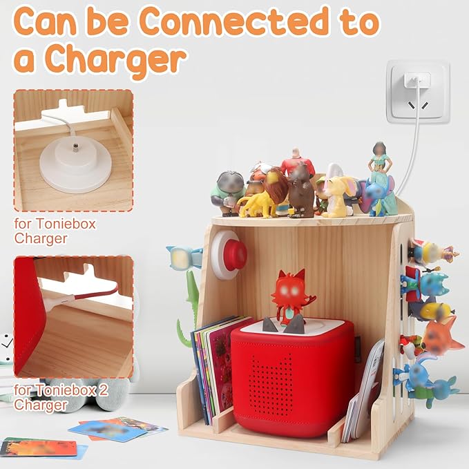 for Toniebox 1/2 Storage Shelf Display for 40–50 Tonies Figures Characters, Holds for Tonieplay Story Game Controller Accessories, Wooden Magnetic Organizer with Charging Access, Wall Mount+Desktop