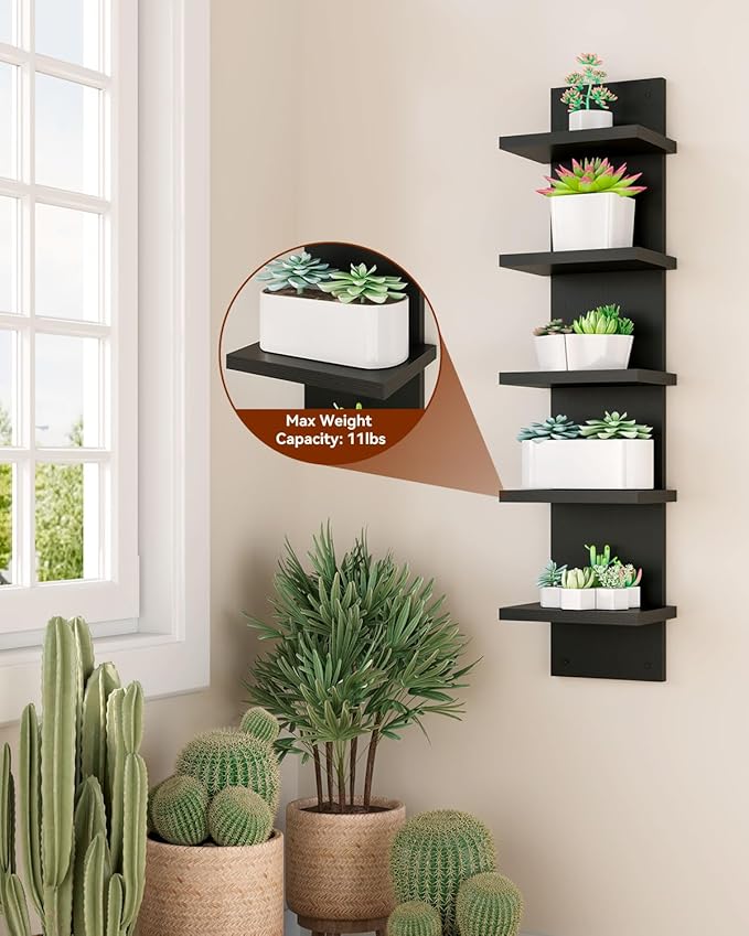 IBUYKE 5 Tier Wall Shelf Unit,Black Vertical Shelf,Floating Storage Shelf,Decorative Wall Mount Vertical Shelving for Home, Bedroom,Living Room,Office Decor WBC009B-2