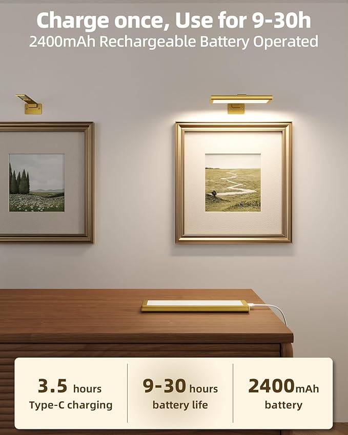 EZVALO Picture Light for Wall, Rechargeable 2400mAh Battery Lights Wireless with IR Remote, 3 Color & Dimmable Magnetic 7.87'' LED Lights Display for Painting, Living Room, Gallery, Bedroom(Gold-3P)