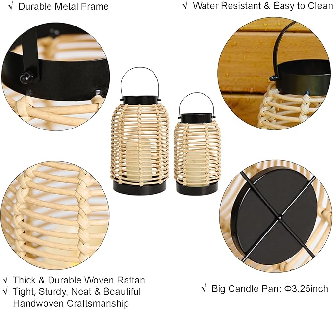14in Lanterns Decorative for Home Decor- Decorative Candle Lanterns w/ LED Candles- Boho Rattan Woven Hanging Black Lanterns Decor for Indoor, Outdoor, Patio & Porch, Tabletop, Fireplace & Mantle