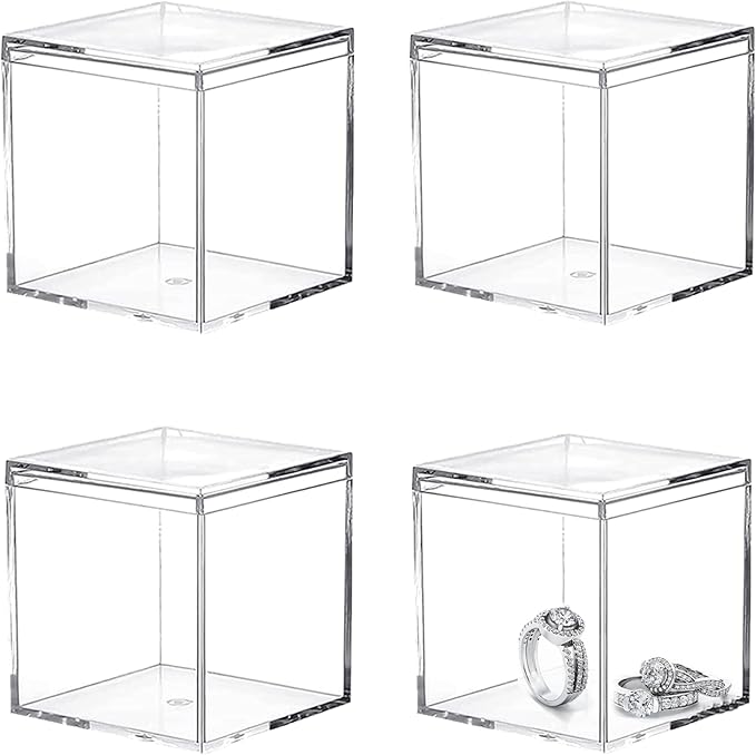 KissYou Small Acrylic Box 4 Packs Clear Boxes with Lid Acrylic Square Cube for Display Jewelry Storage Boxes Party Decorative Box