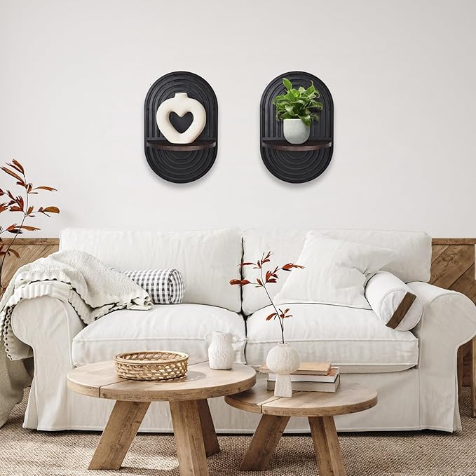 2 Pieces Boho Wall Shelf, Mid Century Shelves, Decorative Storage Unit, Black Plant Shelves, Wall Plant Holder,Floating Shelves