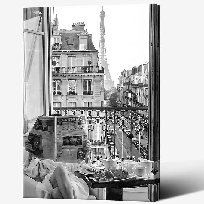 Vintage Girl Reading Newspaper Poster Eiffel Tower View Canvas Wall Art Retro Black And White Feminist Room Aesthetic Prints Painting For Home Bedroom Dorm Apartment Wall Decor 24x36in Framed
