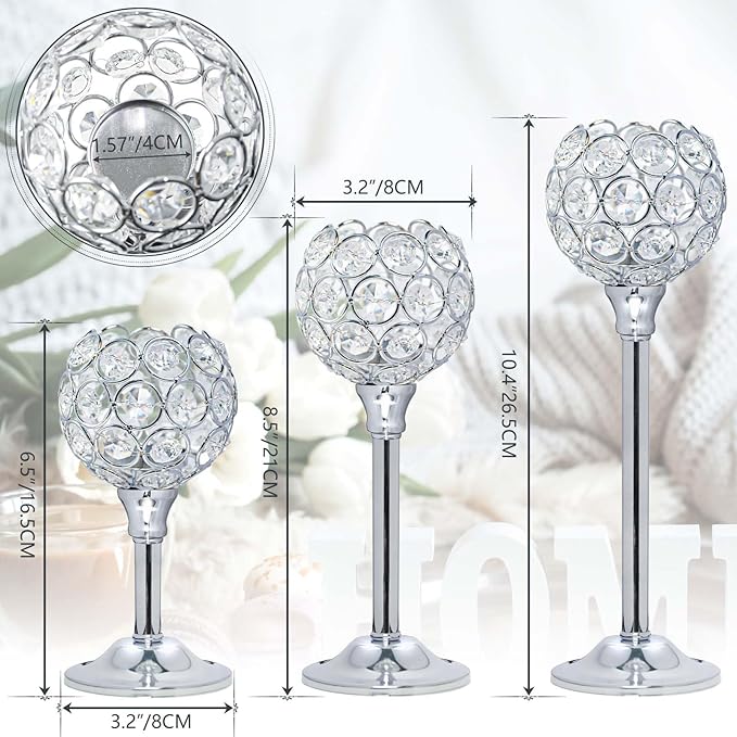 Crystal Metal Tealight Candlestick, Bling Bowl Candelabras, Tall Crystal Votive Candle Holders Elegant Candle Centerpiece for Dining Table Wedding Decor (Set of 6, Silver)