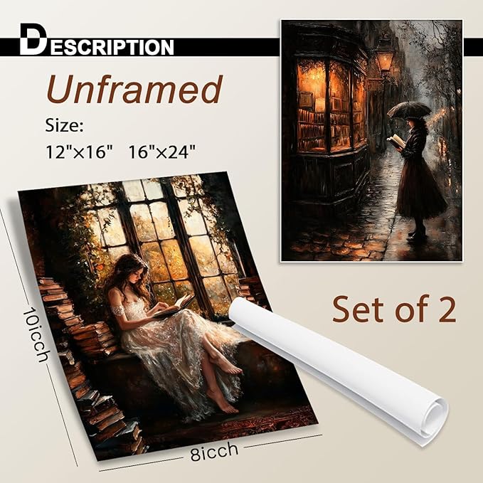NCYEL 2Pcs Dark Academy Canvas Wall Art Painting Book Reading Print Vintage Style Drawing Gothic Poster Girl Street Scene Picture Library Study Bedroom Decor Literature Gallery 12x16 Inch Unframed
