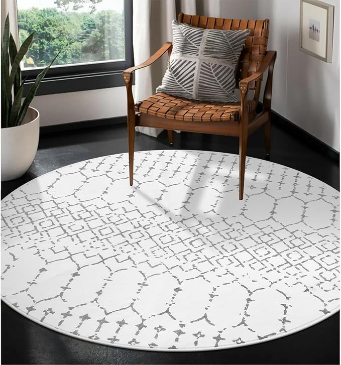 Lahome Moroccan Circle Rug 6Ft Washable Large Round Area Rugs for Living Room Non-Slip Low-Pile Dining Room Rugs for Under Table, Modern Geometric Print White Circular Rug for Bedroom Nursery Hana